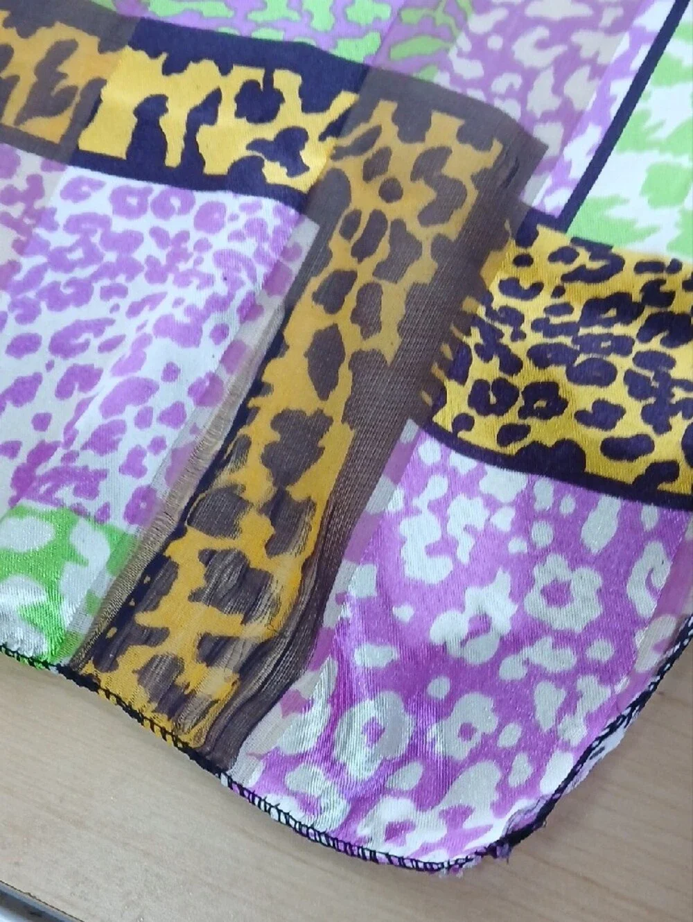 Silky Animal-Print Neck Scarf in Purple, Gold & Green